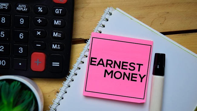 Earnest money sticky note on table with calculator, notebook, and pen