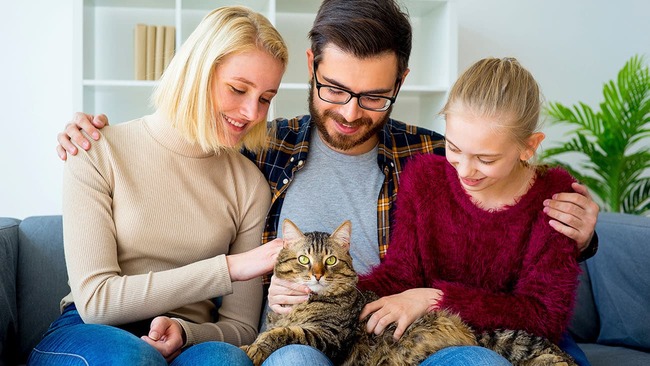 Family sitting with a pet cat