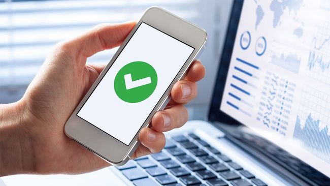 Mobile phone showing a green checkmark after loan approval
