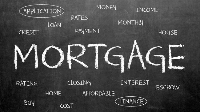Mortgage word on chalkboard surrounded by related words