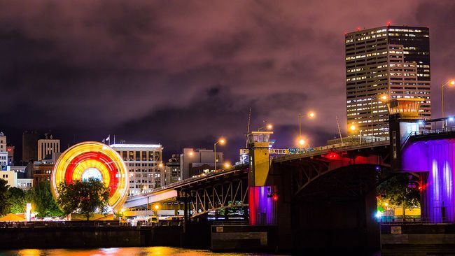 Portland Oregon city skyline at night