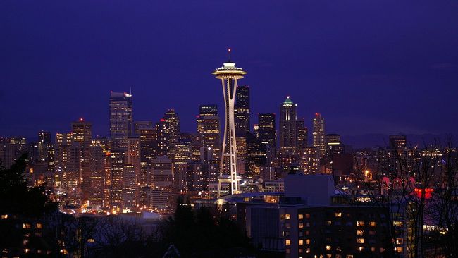 Seattle Washington city landscape and space needle at night